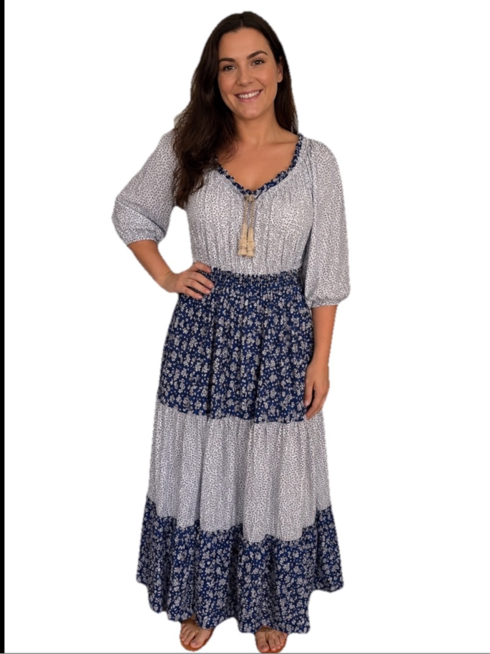 NWT Kings Road Boho Calico Ruffled Maxi Dress Women’s Size 3X Blue White Floral